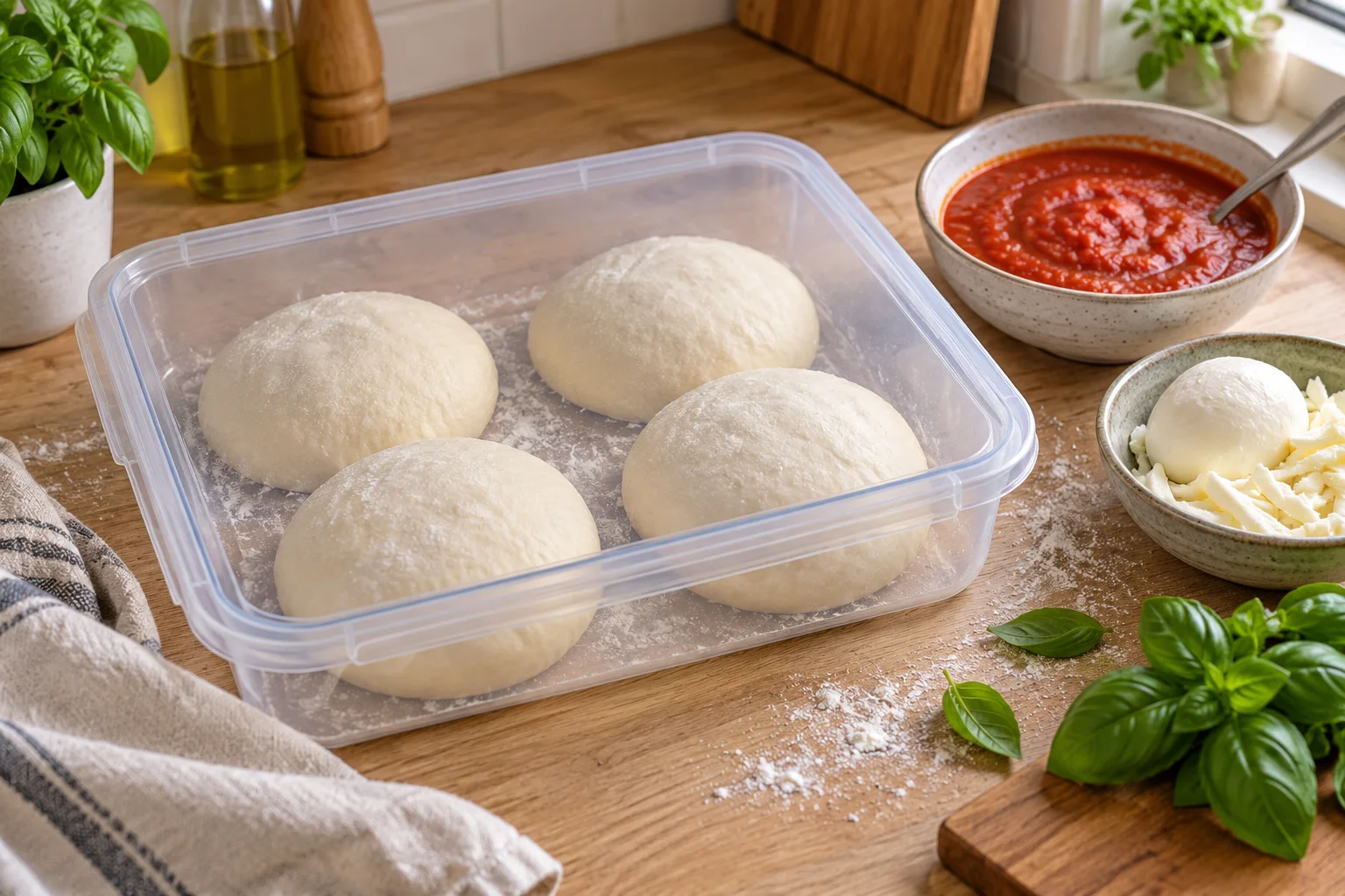 Ilustracja AI: porcje ciasta na pizzę w pojemniku oraz sos pomidorowy, mozzarella i bazylia